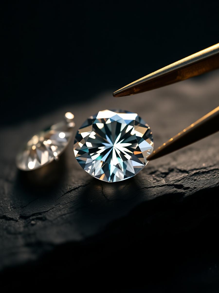 Certified loose diamond held by gold tweezers on dark slate