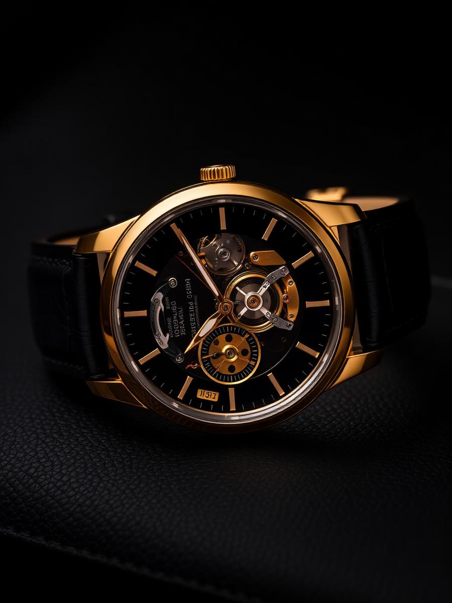 Gold Swiss mechanical watch with exposed movement on dark leather