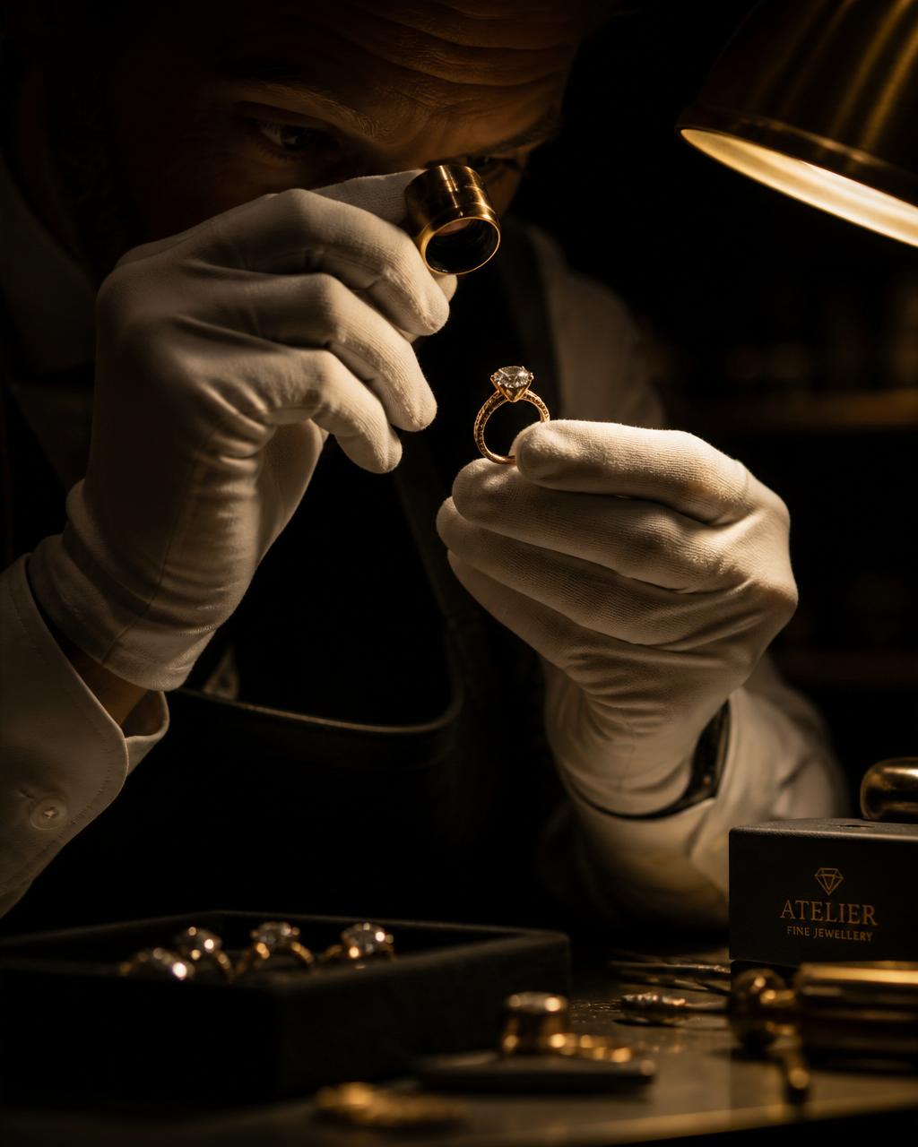 Master jeweller examining a diamond ring through a loupe in the atelier