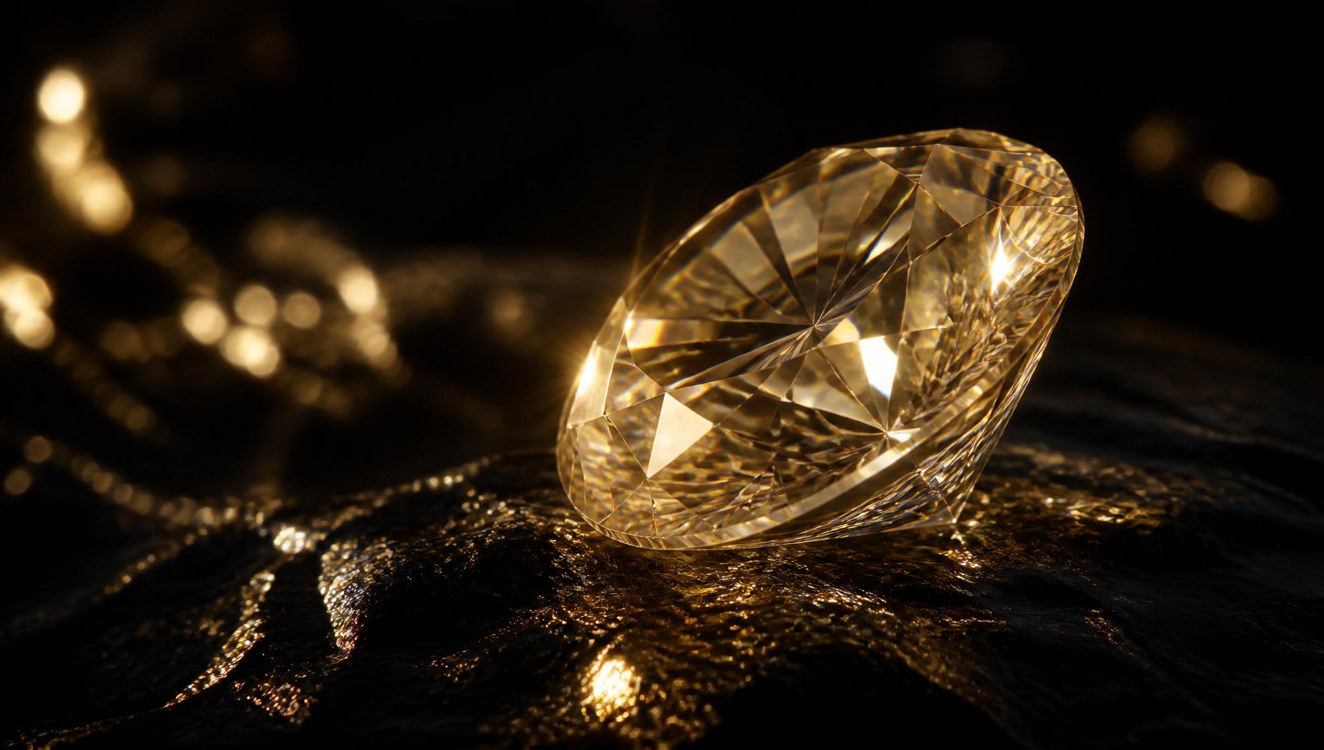 Macro photograph of a brilliant-cut diamond refracting golden light